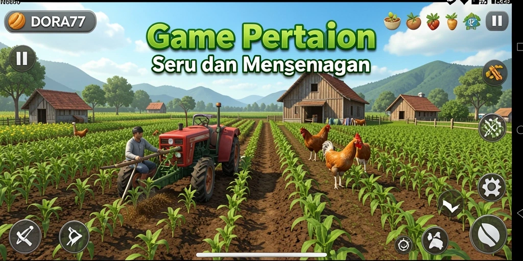 Tangkapan layar gameplay DORA77 menampilkan suasana pertanian yang ceria dan interaktif.