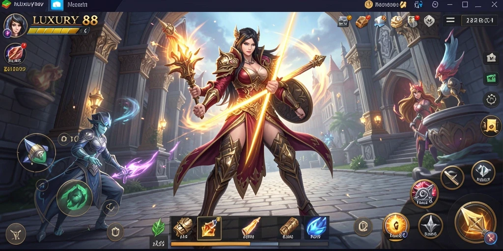 Screenshot gameplay LUXURY88 menampilkan pertarungan epik dalam dunia fantasi.