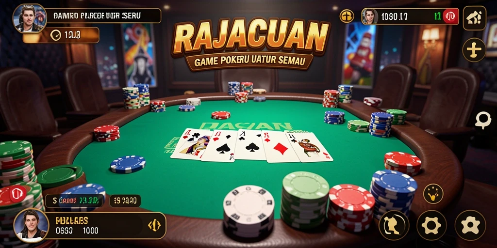 Screenshot gameplay RAJACUAN menunjukkan suasana poker yang mendebarkan.