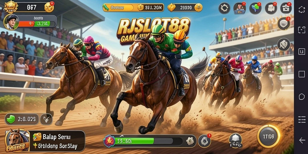 Tampilan gameplay RJSLOT88 dengan mobil balap yang melaju kencang.