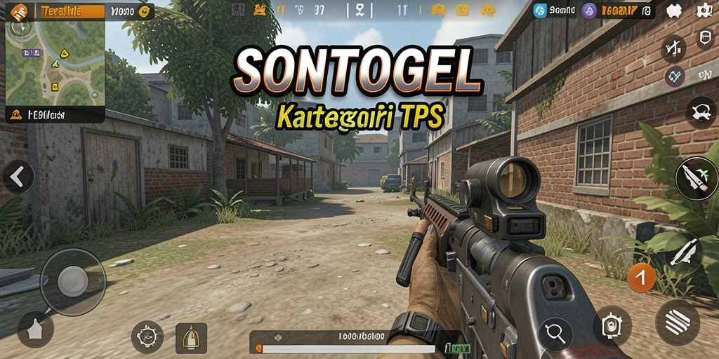 Screenshot utama SONTOGEL menunjukkan karakter beraksi dalam medan tempur TPS.