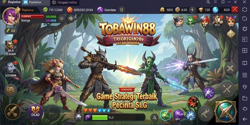 Screenshot gameplay TOBAWIN88 menunjukkan pertempuran epik antar kerajaan.
