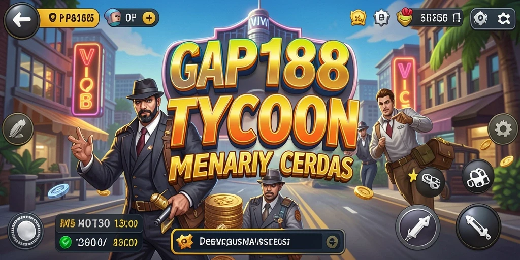 Tampilan gameplay <strong>VIP188</strong> dengan berbagai gedung dan aktivitas bisnis.