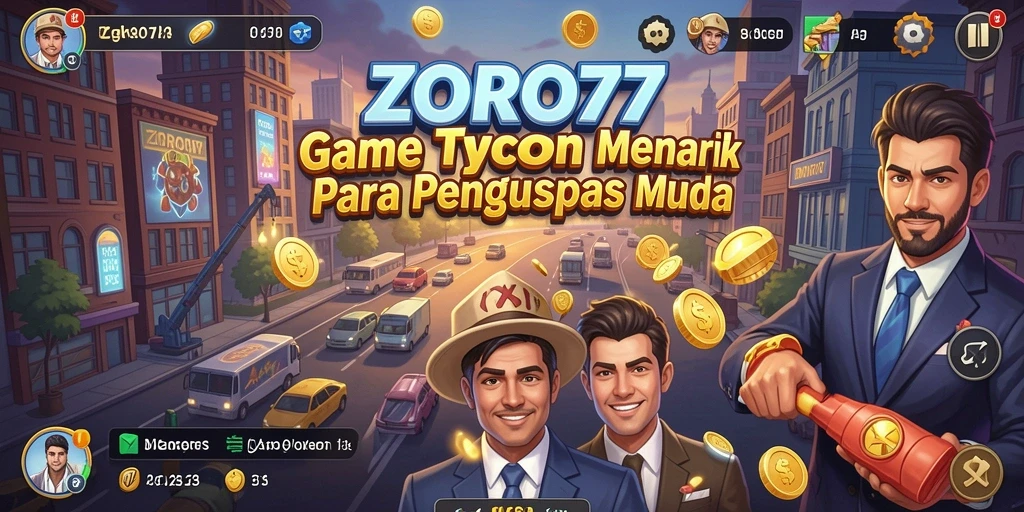 Tampilan gameplay ZORO77 dengan fitur manajemen bisnis yang menarik.